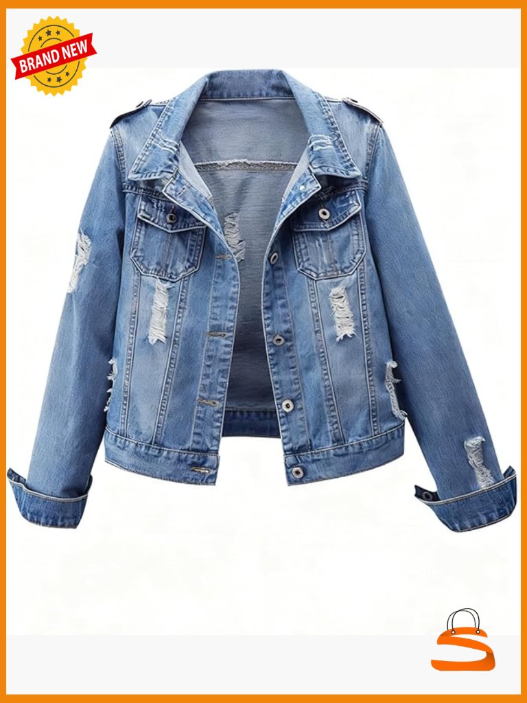 Distressed Boyfriend Denim Jacket Long Sleeve Button Front Jean Shacket
